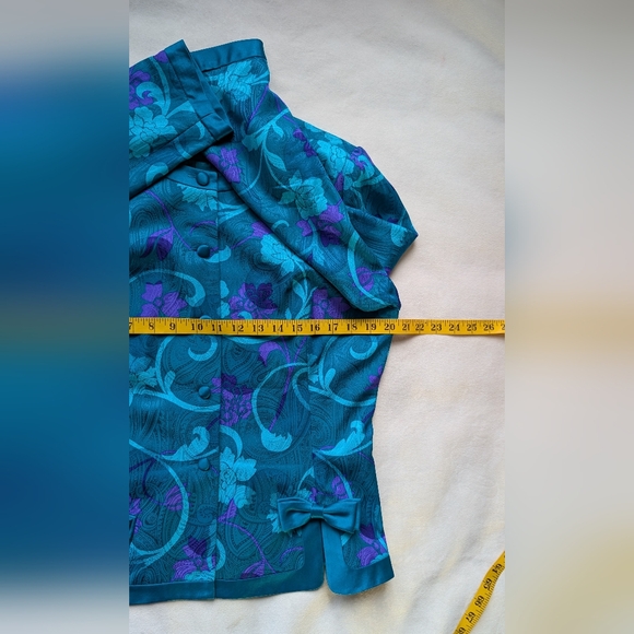 Vintage Adrianna Papell 100% Silk Teal Purple Floral Blouse Jacket Size 12 - Picture 14 of 16